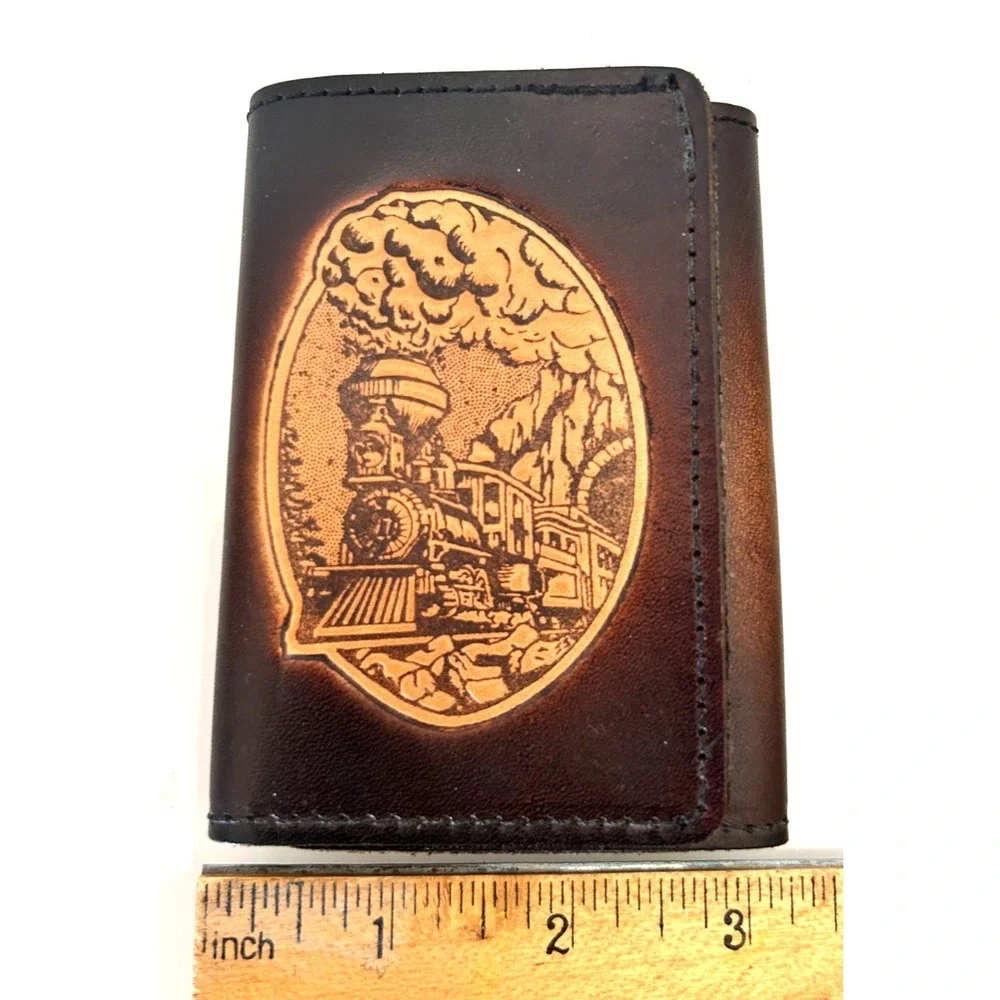 Vintage Tooled Leather Trifold Wallet Removable Card Insert Steam Locomotive NEW